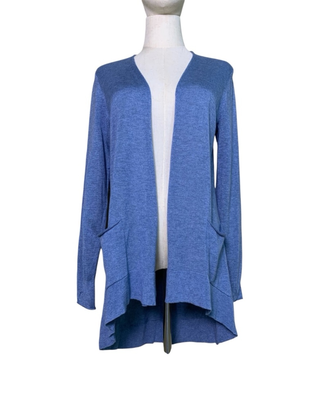 Eileen Fisher Cardigan Women S/P Blue Tencel Merino Wool Open Front High Low Hem - Picture 3 of 8